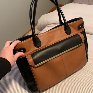 Express Tan Black Leather Tote Bag.